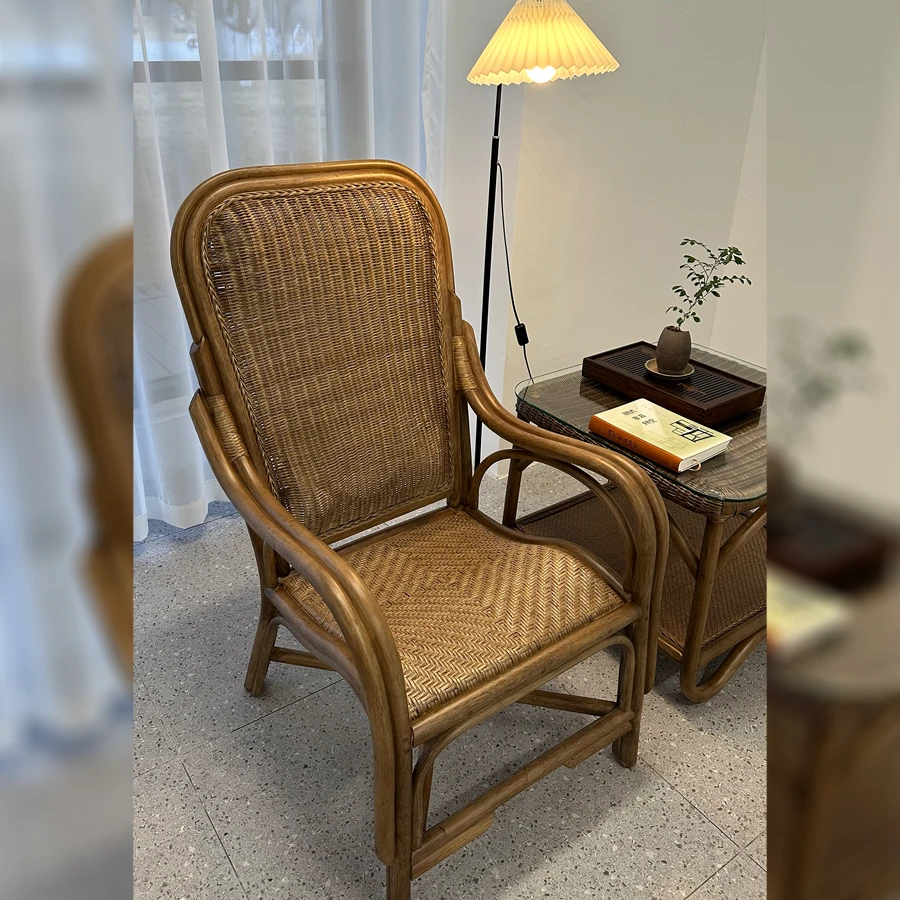 天然藤编高靠背椅老人单人阳台庭院茶室主人椅休闲中式官帽椅