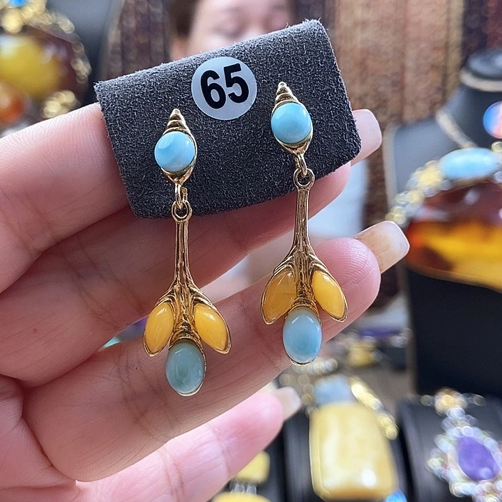 琥珀银S925镶嵌耳饰耳环