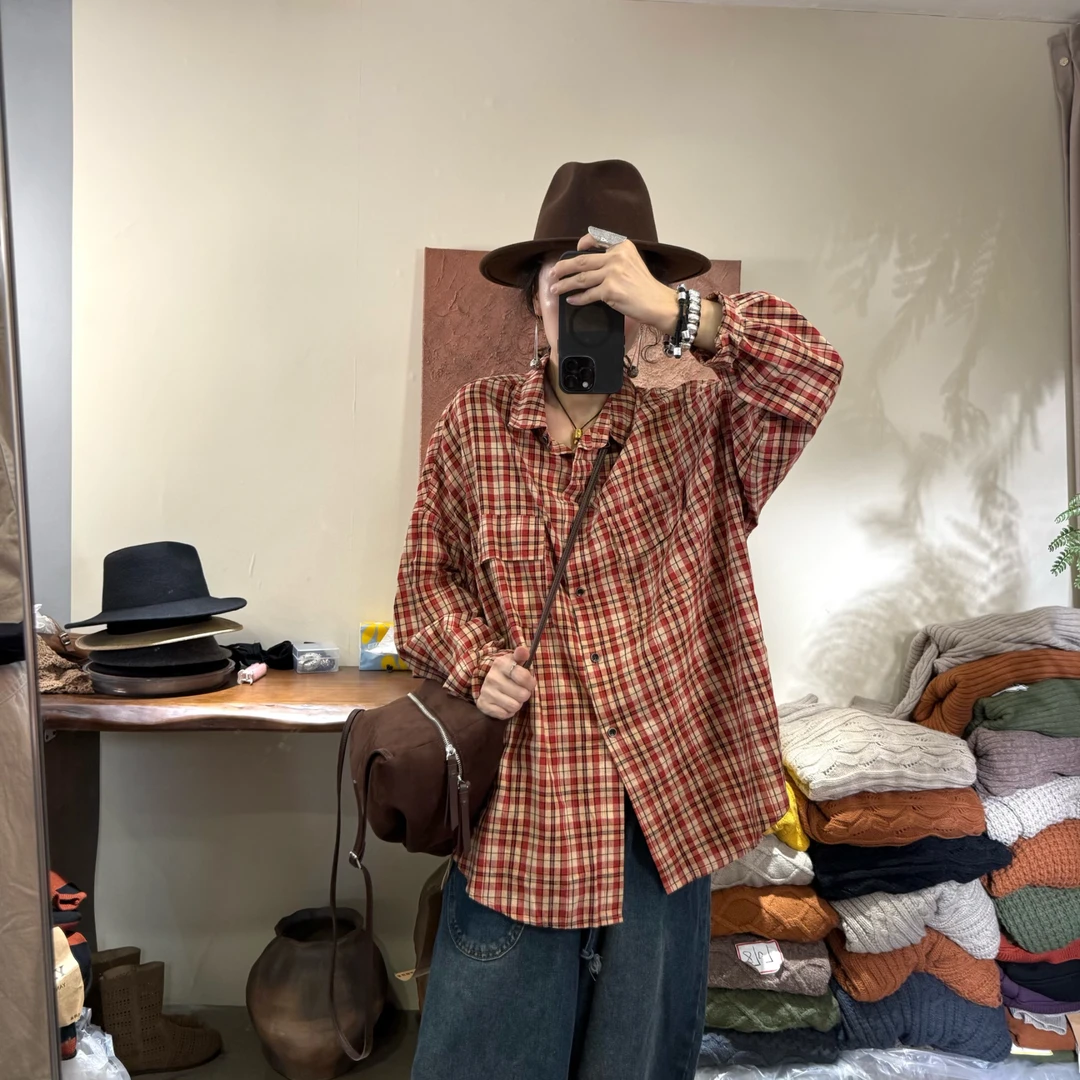 新款格子长袖衬衫女韩版双口袋宽松大码百搭通勤休闲上衣 9182#