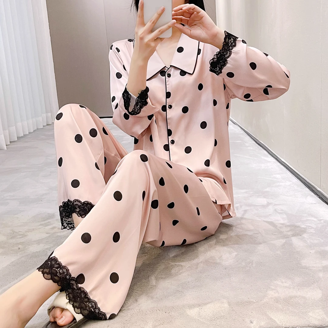 吉伦略索轻奢春秋款波点可外穿睡衣女款娃娃领甜美蕾丝夏季家居服