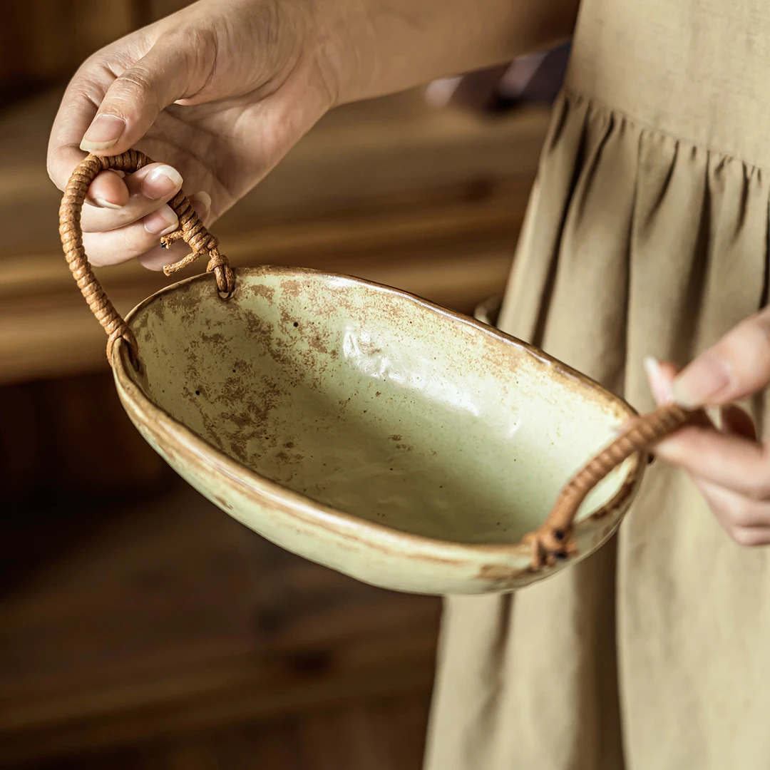 日式手作麻绳椭圆碗复古双耳碗粗陶异形沙拉碗不规则水果碗拉面碗