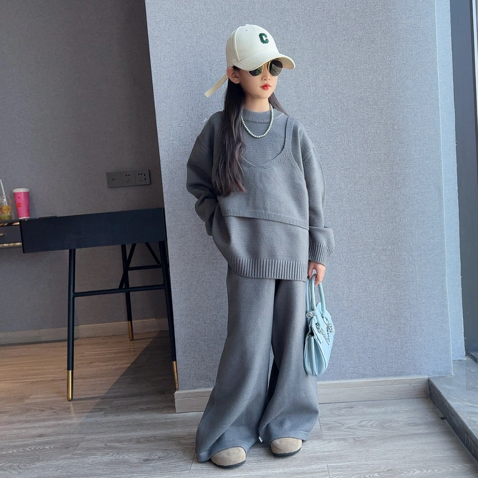 女童毛衣套装2025新款女孩春秋大童韩系穿搭洋气女童装针织三件套
