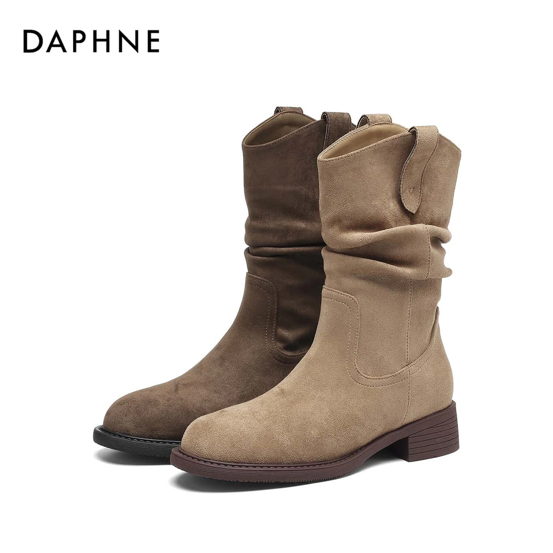 Daphne/达芙妮时装靴毛绒中筒靴马丁靴粗跟短靴秋冬圆头骑士百搭