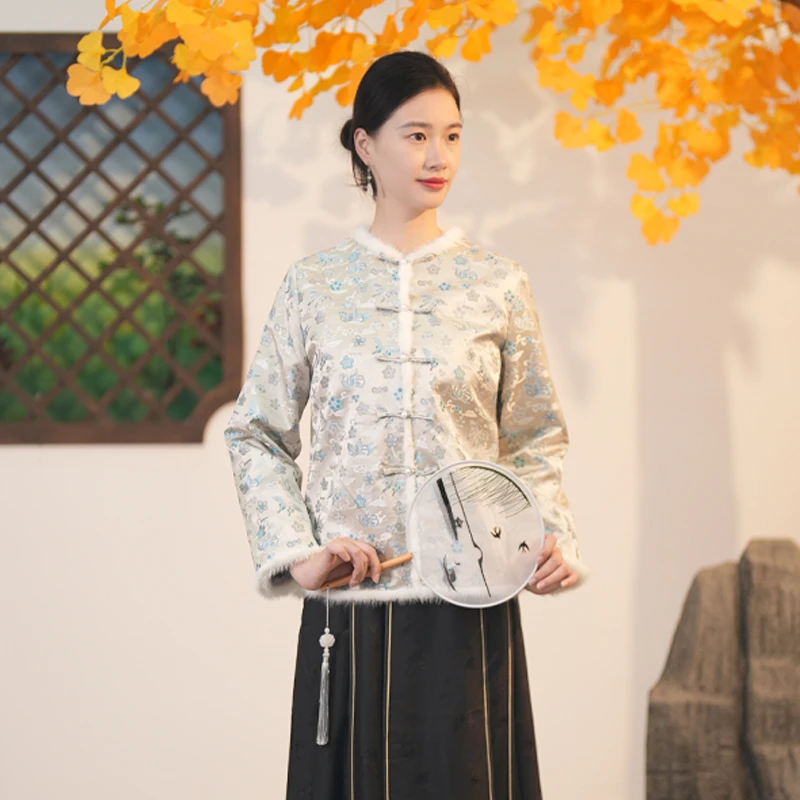 【冰舞蝶】桑蚕丝宋锦日常气质优雅中式国风夹棉水貂毛百搭外套