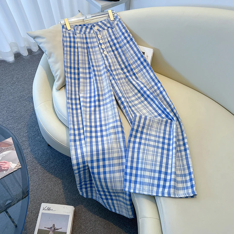 实拍~复古风蓝色格纹阔腿休闲裤女2025新款春季高级感垂感
