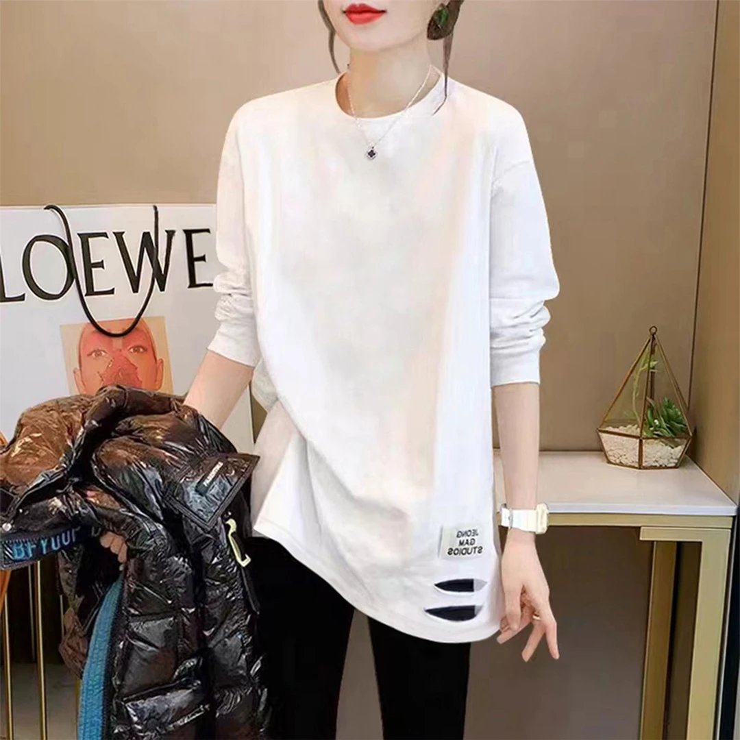 婳娇打底衫女士2025秋款大码宽松长袖t恤休闲百搭中长款破洞上衣