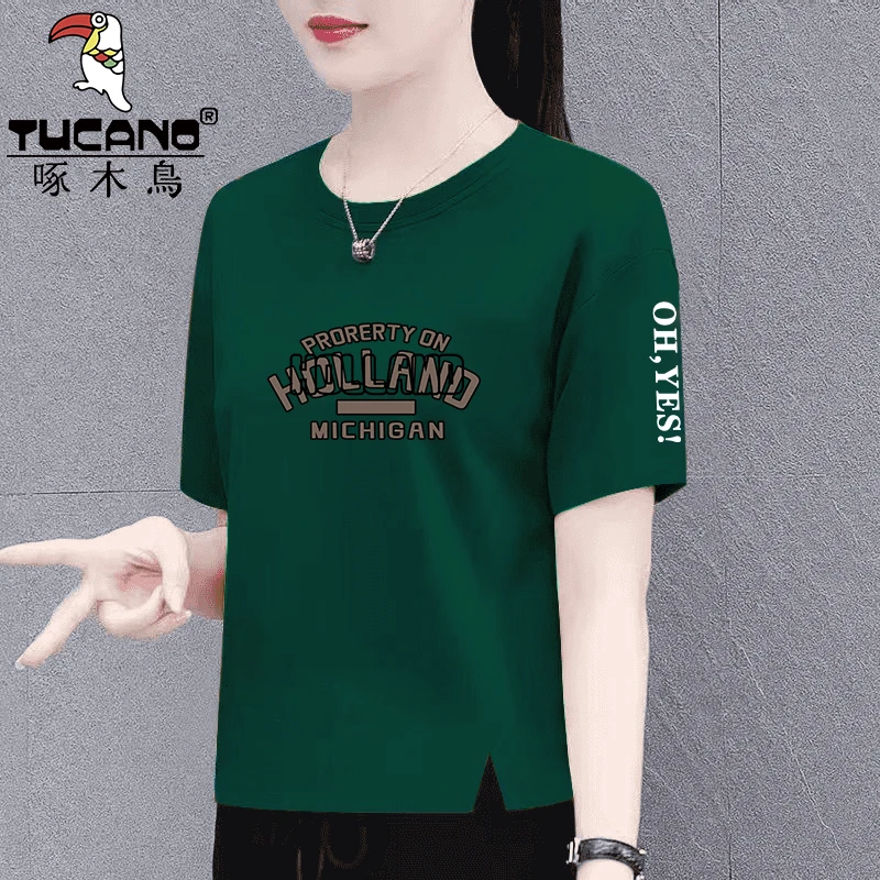 啄木鸟纯棉短袖T恤女夏季新款韩版宽松显瘦遮肚子中年妈妈体恤衫