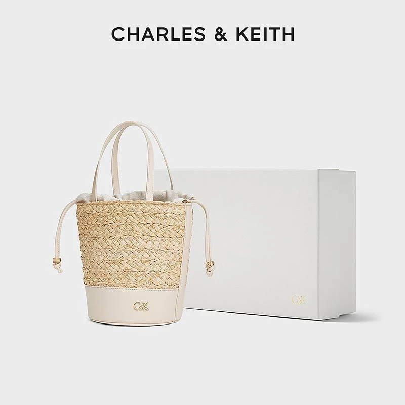 CHARLES & KEITH【商场同款】拼接编制抽绳水桶包原10782395-D