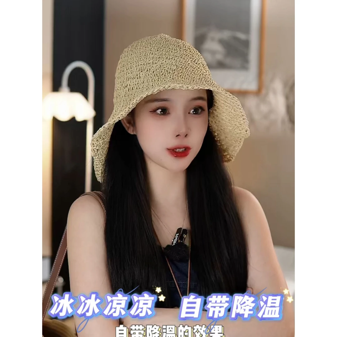 防晒遮阳帽夏季度假海边草帽透气草编渔夫帽子女款2025新款太阳帽