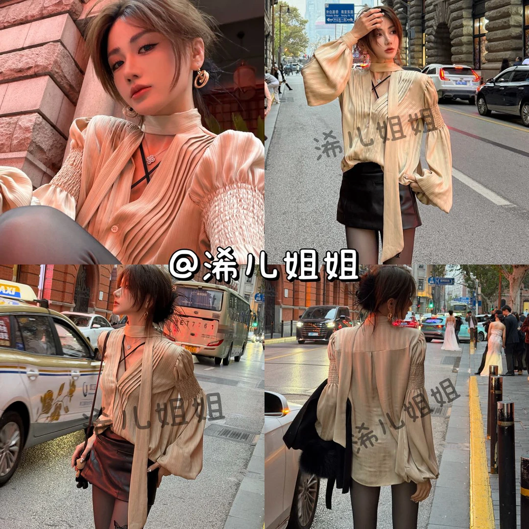 古金色V领飘带衬衫