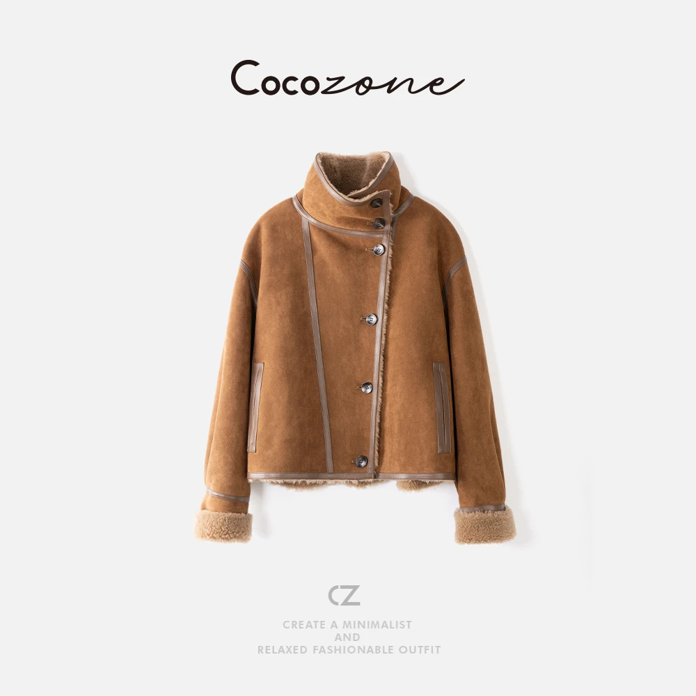 COCO ZONE刘一一“实力派”100绵羊毛立翻领羊羔毛外套 CD2A2086