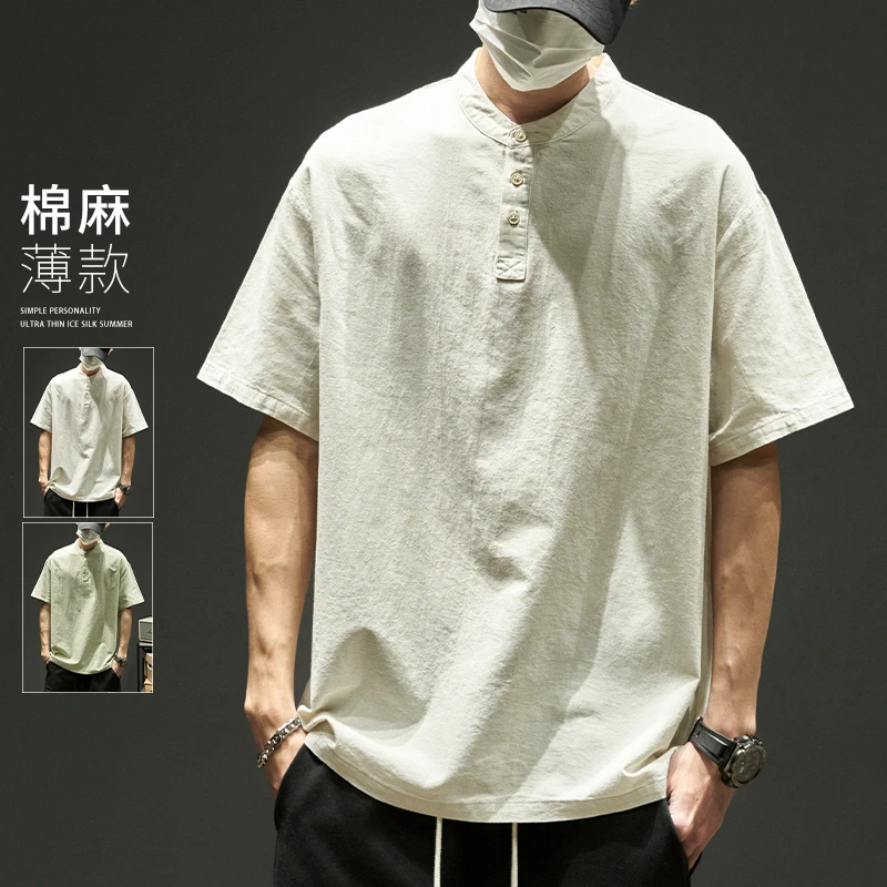 短袖polo衫男夏季薄款棉麻宽松t恤新中式亨利领五分袖潮牌上衣ins