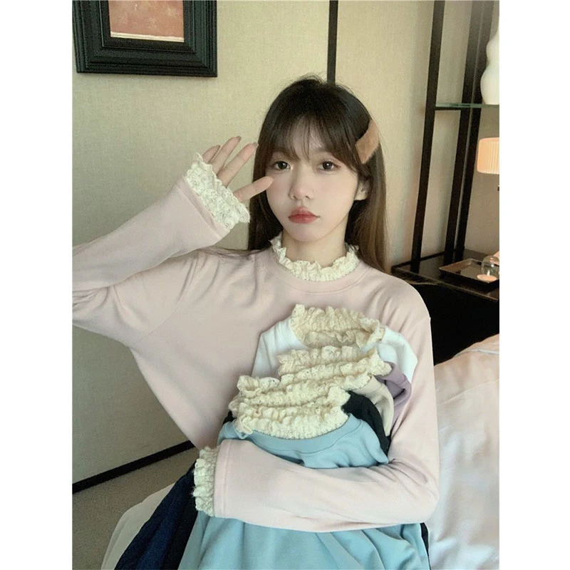 韩系少女感半高领长袖T恤女秋冬季学院风修身内搭德绒打底衫上衣