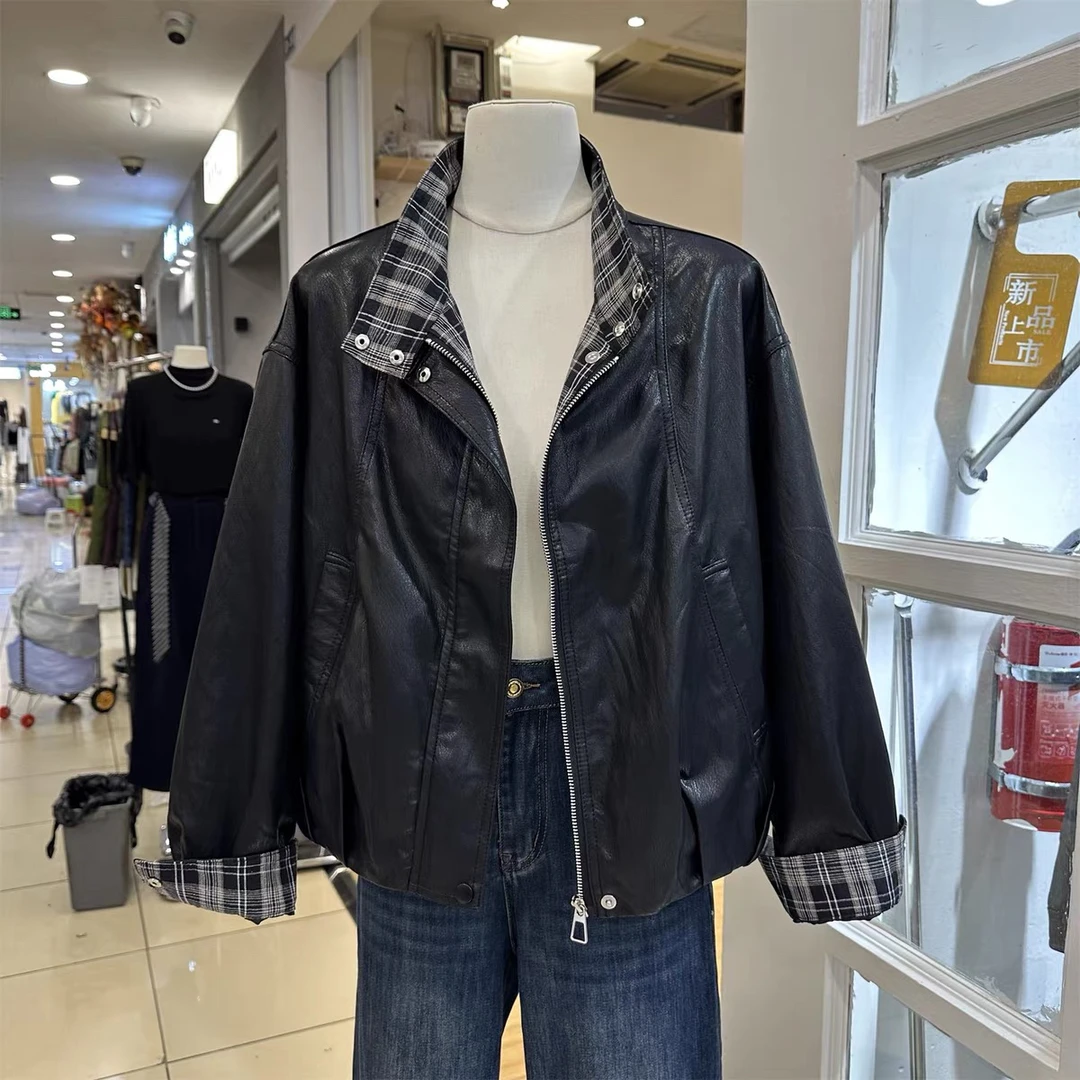 3012 欧货格子拼接皮衣女秋季新款宽松显瘦皮夹克上衣