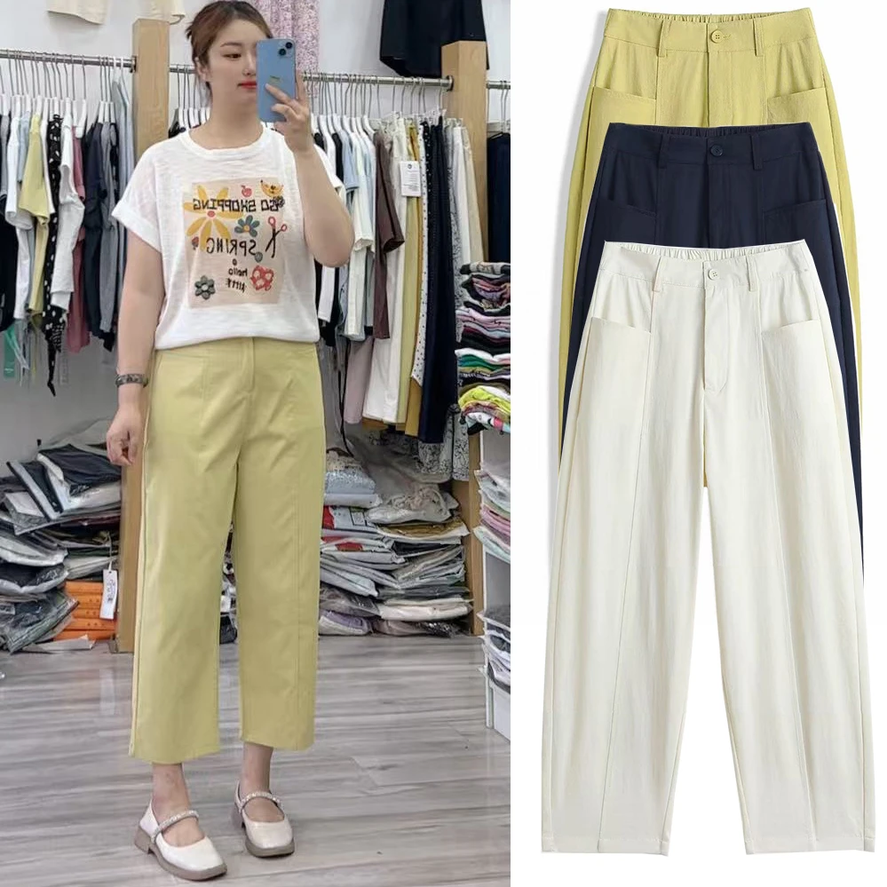 初秋钛金棉宽松显瘦垂感夏季高腰直筒九分奶奶八分休闲弯刀裤女