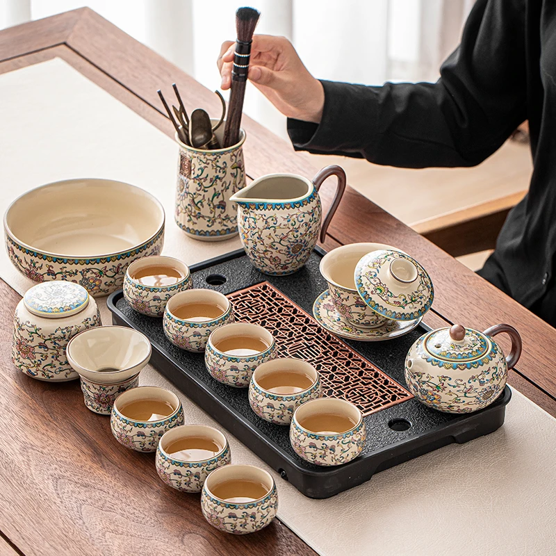 汝窑多彩缠枝莲茶具套装家用陶瓷泡茶壶功夫茶杯盖碗办公室喝茶