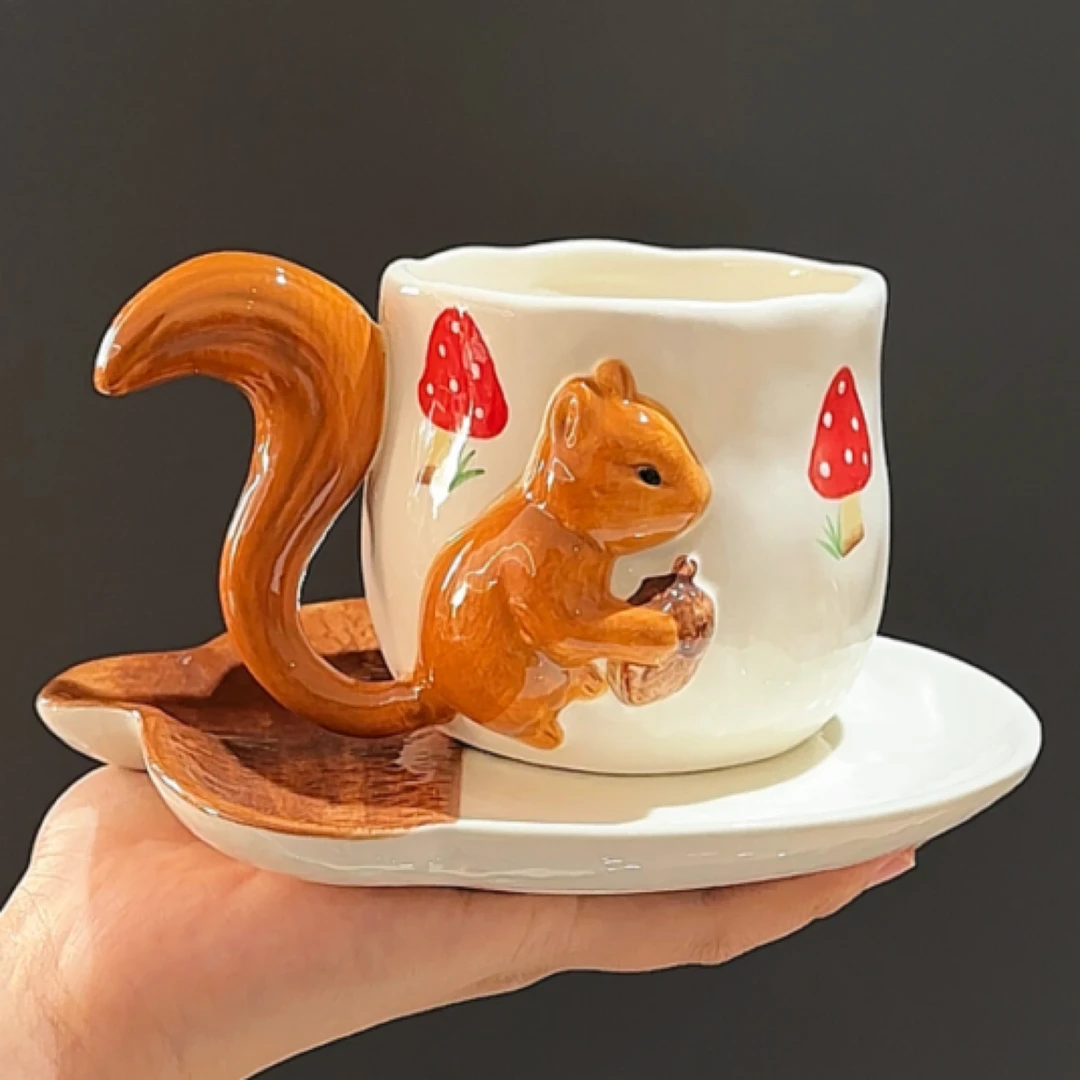 MOMO创意高颜值新款网红ins风手捏立体松鼠手绘枫叶家用陶瓷咖啡