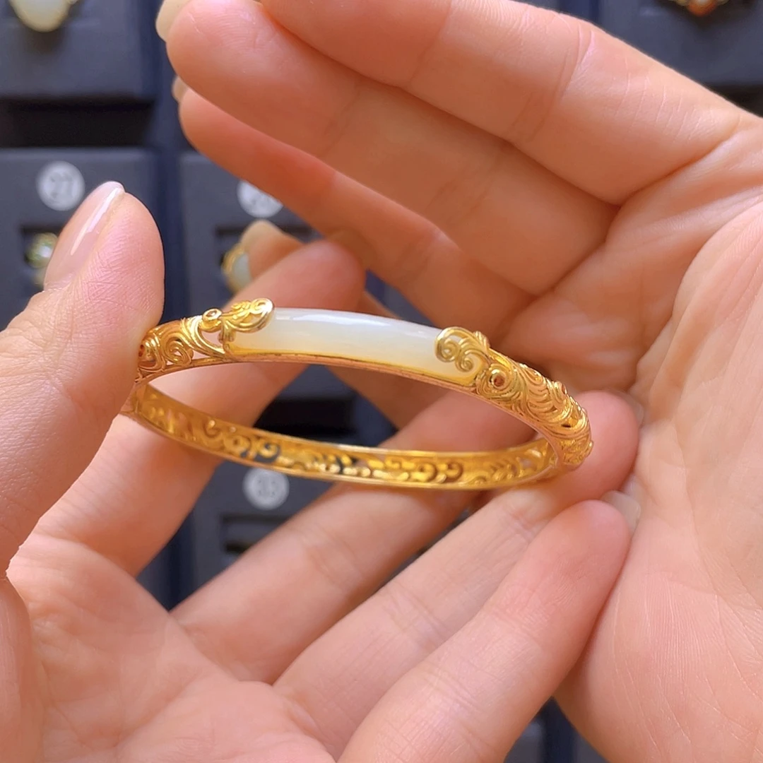 和田玉银S925镀金镶嵌手镯