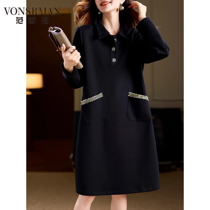 VONSRMAN休闲亮丝黑色洋装女时尚大尺码中长裙2025年早秋新款欧货