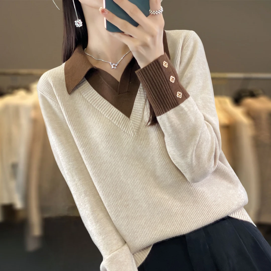 微胖mm秋冬大码polo领毛衣女遮肚子显瘦假两件上衣内搭针织打底衫