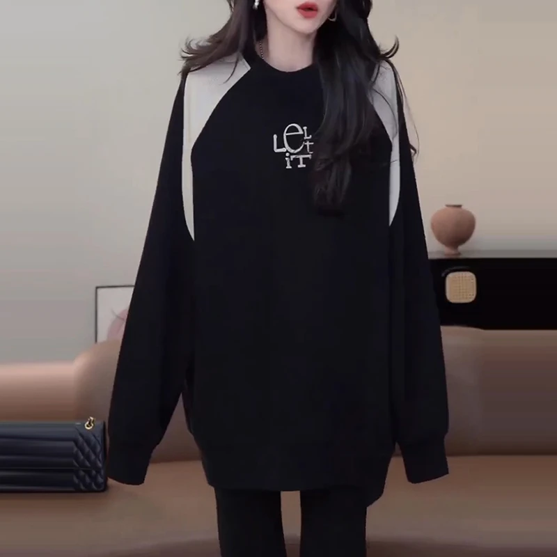 痞帅炸街风女装秋冬新款拼接撞色圆领长袖卫衣宽松显瘦时髦上衣潮