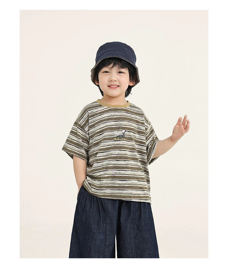 熙熙家2025夏新款百搭男童短袖t恤条纹上衣中小童韩版柔软半袖