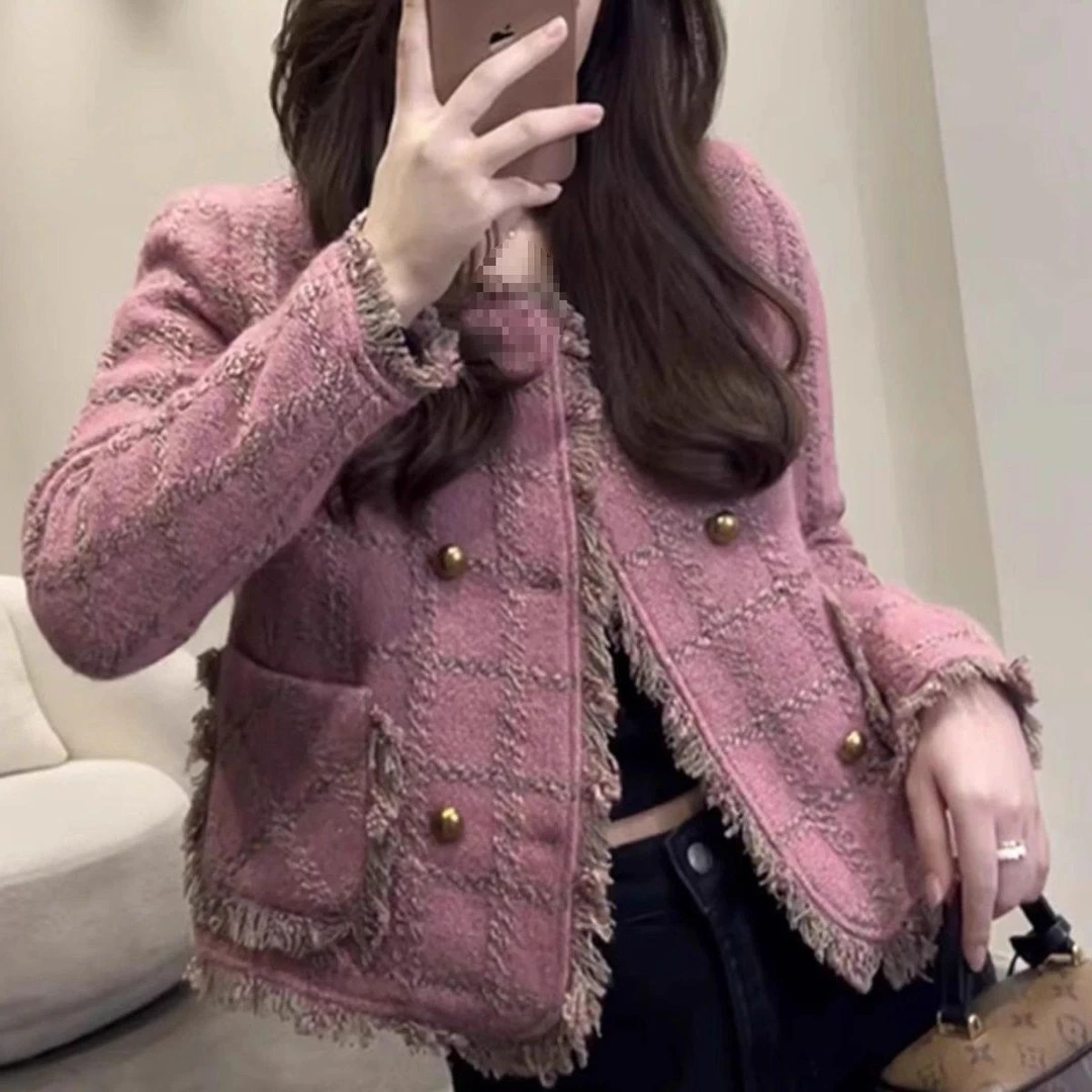 端粉色短款外套女好看小香风短款外套女潮欧货小个子冬季