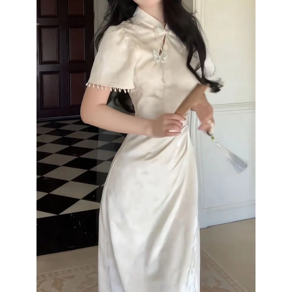 2025新中式国风改良旗袍连衣裙女夏季气质盘扣提花中长裙子百