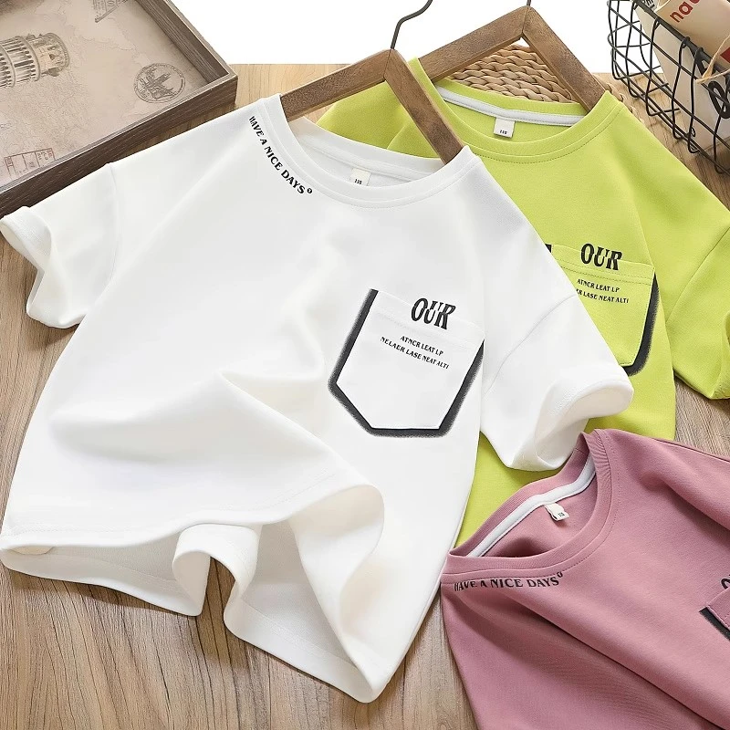 男童短袖T恤2025夏季新款儿童t恤薄款口袋印花时尚半袖体恤汗衫潮