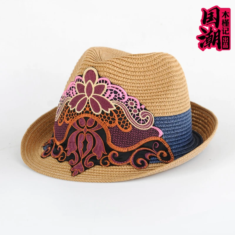 新款民族风刺绣花草编帽子爵士帽度假旅游春夏季遮阳防晒礼帽