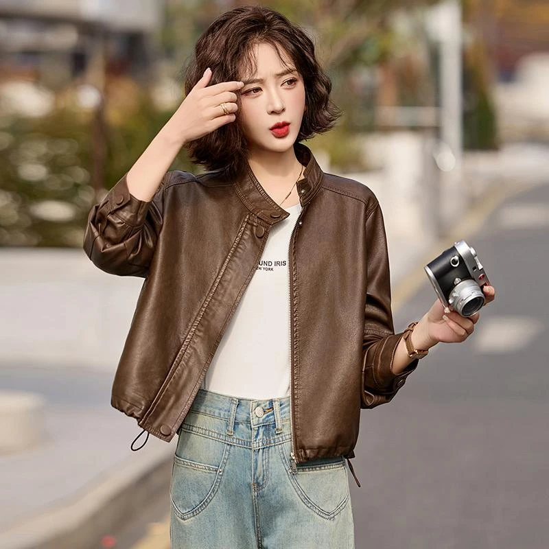 港风时尚PU皮衣外套女立领春秋新款蝙蝠袖短款小个子宽松休闲夹克