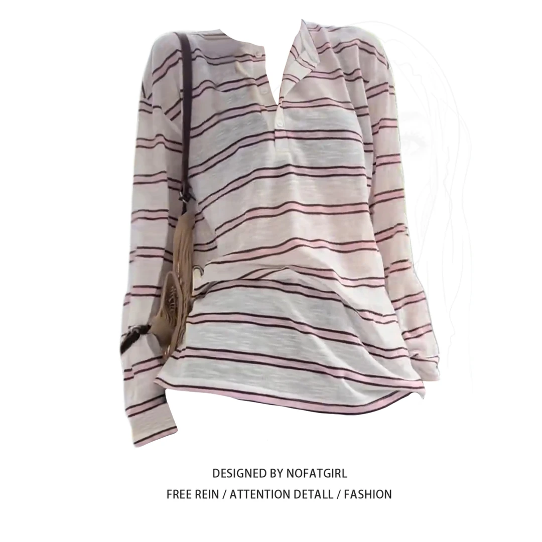 大码胖MM韩系减龄半系扣条纹长袖防晒衫女通勤舒适显瘦亨利衫上衣