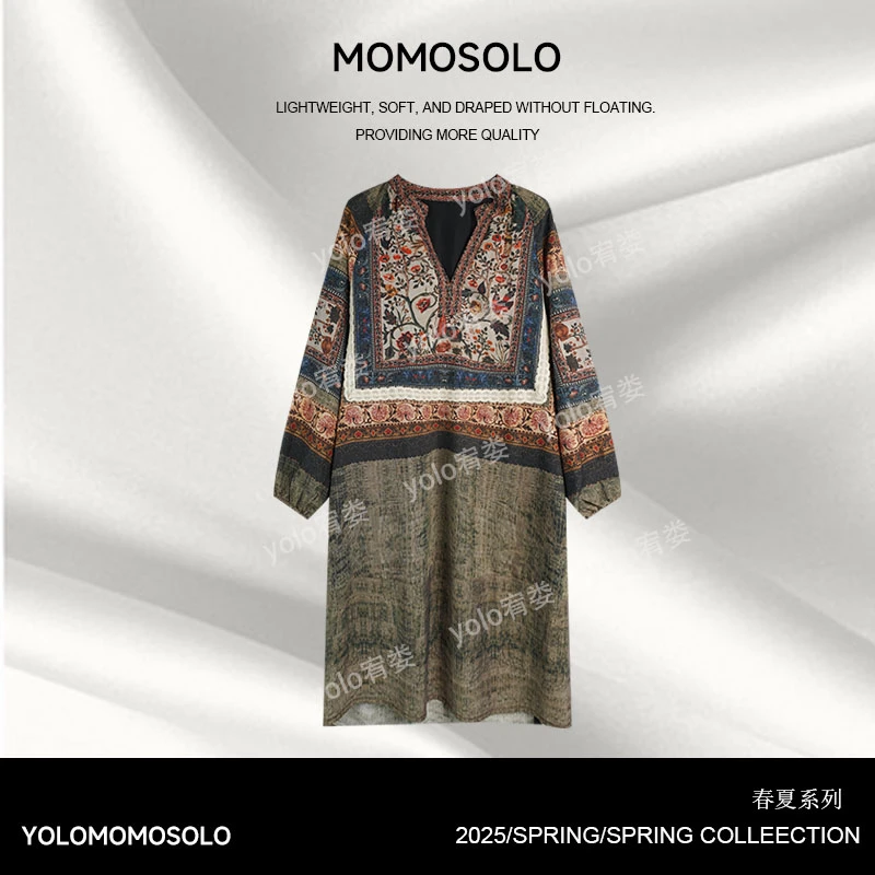 •橡树语•设计师款时名族风墨染天丝亚麻宽松V领中长 连衣裙YM1350