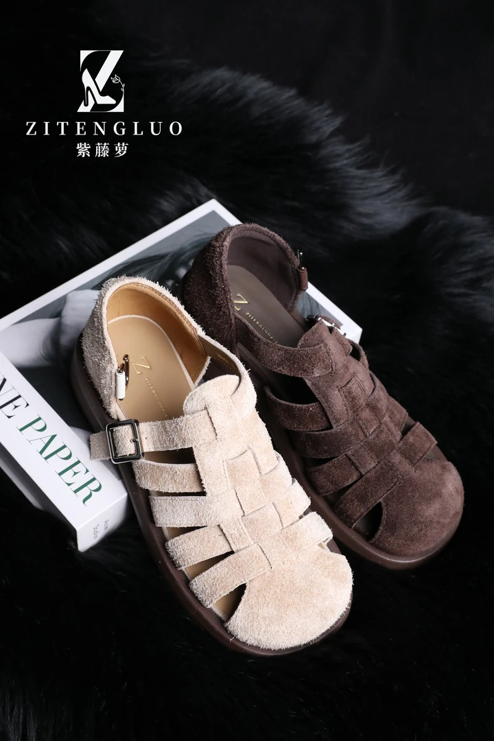 ZiTengLuo/羊皮内里纯色休闲女士编织包头罗马凉鞋2606-13平底