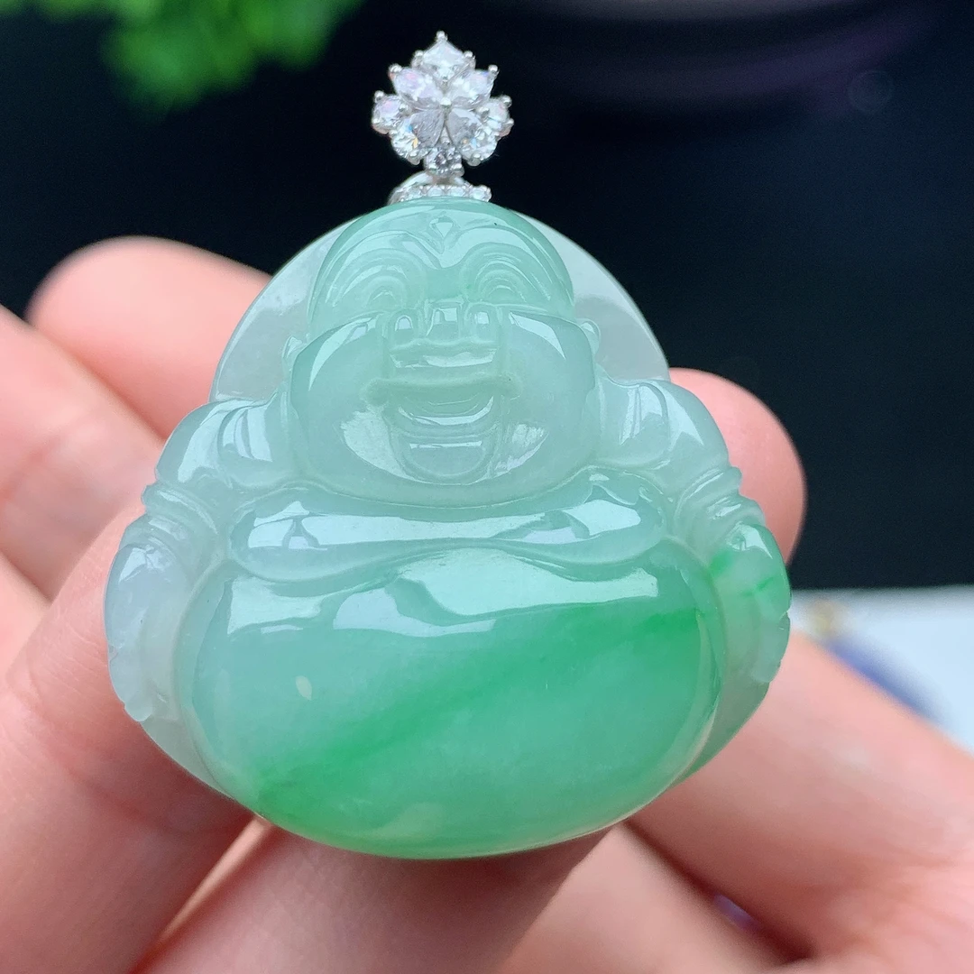 缅甸天然翡翠A货18k金镶嵌冰飘阳绿佛公吊坠裸石29.8/31/11.3mm