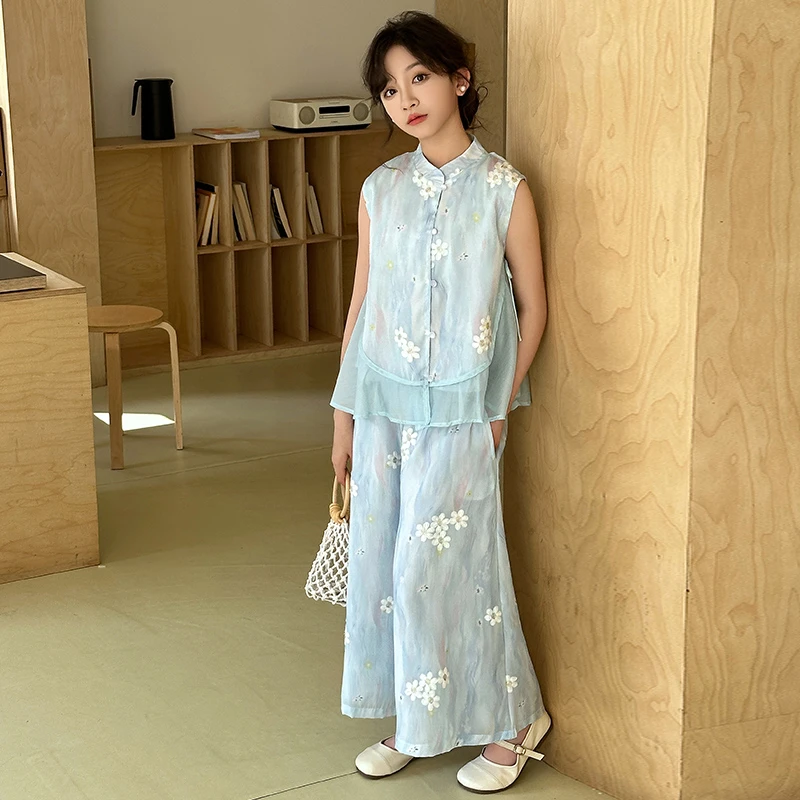 女童新中式国风刺绣套装2025夏季女孩仙气无袖上衣裙裤气质两件套