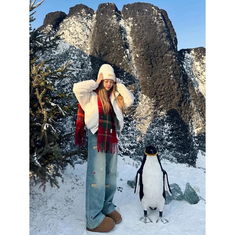 6023#安安腊肠狗大码厚绒设计感水貂绒绣花水洗软牛仔阔腿拖地裤