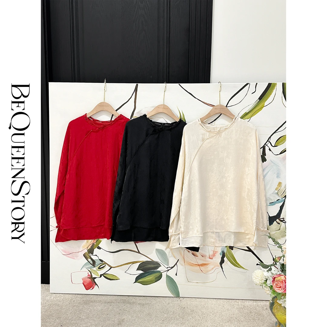 余潇潇【红颜如霜】新中式典雅浮雕祥鹿纹国风斜襟刺绣衬衫女