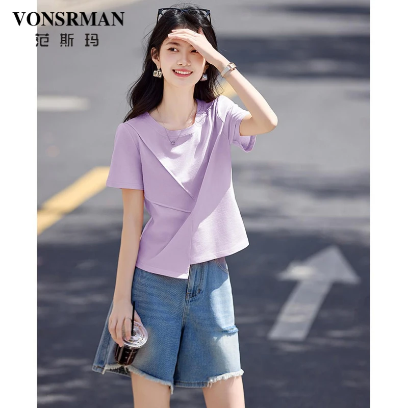 拼接圆领短袖T恤女2025夏季新款时尚小个子短款宽松T恤设计感上衣