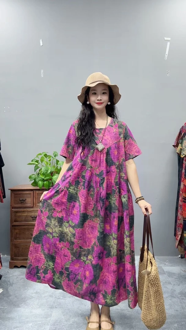 5047夏季新款清凉气质时尚复古遮肚宽松女显瘦百搭圆领休闲连衣裙