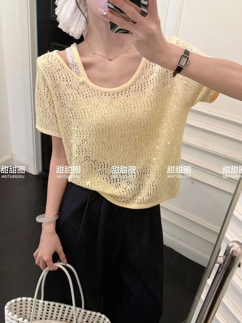 独特绝美小衫设计感亮片镂空冰丝针织衫短袖女夏季别致高级感上衣