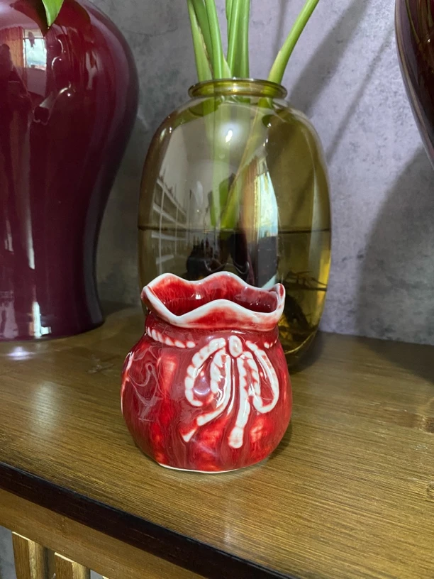 景德镇名陶雅玩原矿朗红福袋摆件手工制作