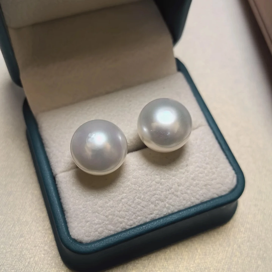 【玥白丽】龙珠耳钉14-15mm6A极光爱迪生圆珠淡水珍珠耳饰海水澳白