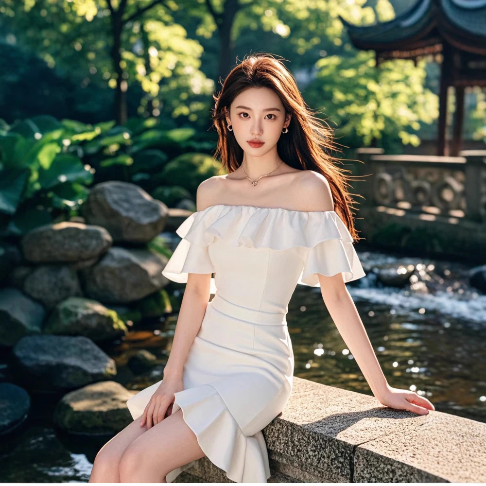 TZ4650温柔风荷叶边一字肩连衣裙女气质优雅性感露肩超好看晚礼服