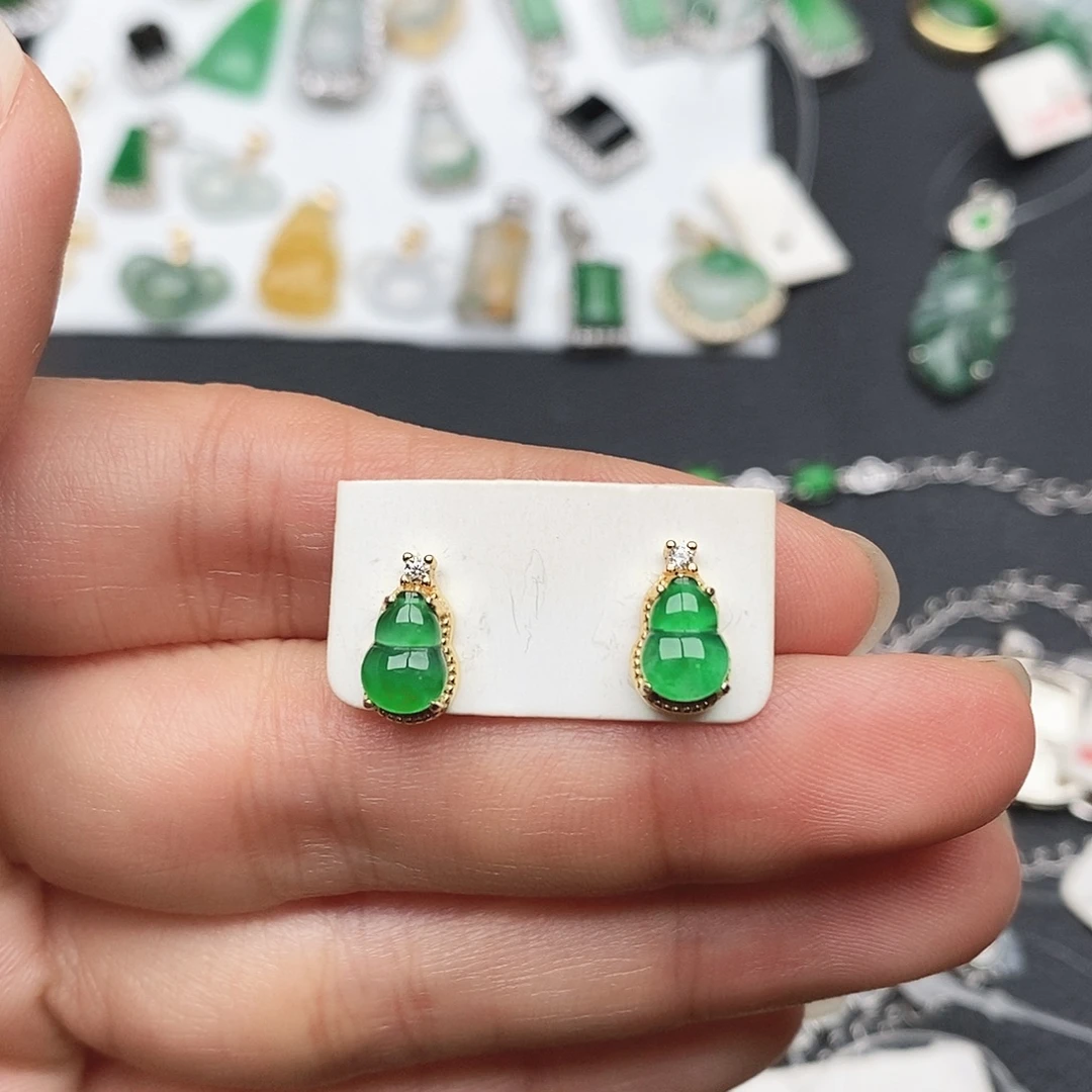 翡翠银S925镶嵌戒指葫芦耳钉