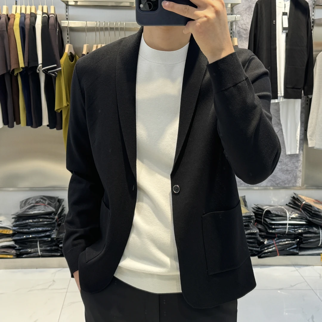高品质男士西装领针织混纺面料时尚洋气舒适百搭提花开衫外套