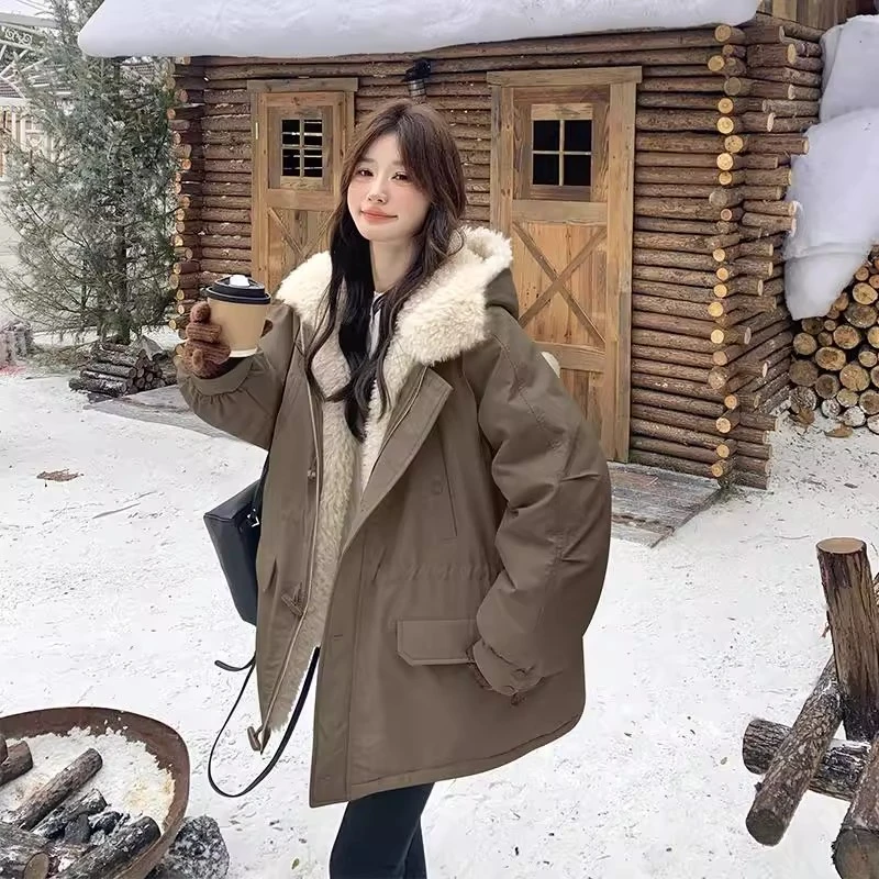 原版韩系休闲羊羔毛棉衣2025冬季新款加厚派克服减龄保暖棉服外套
