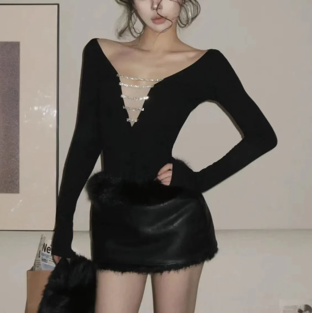 【星河之夜】深v领露锁骨显瘦长袖上衣