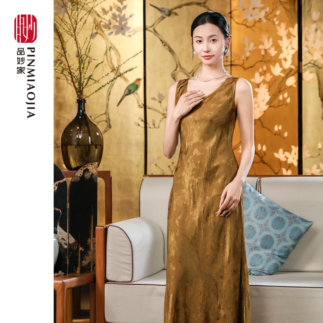 桑蚕丝提花夏季吊带长裙连衣裙修身知性风温柔女装女士新中式显瘦