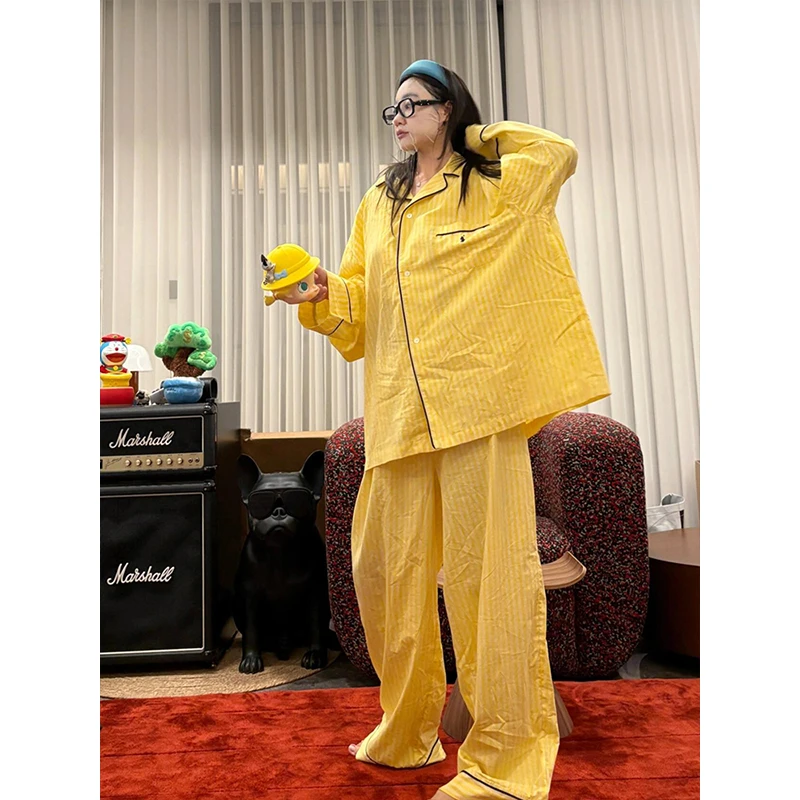 日系简约纯色条纹衣睡衣女秋季爆款开衫长袖长裤可外穿家居服套装